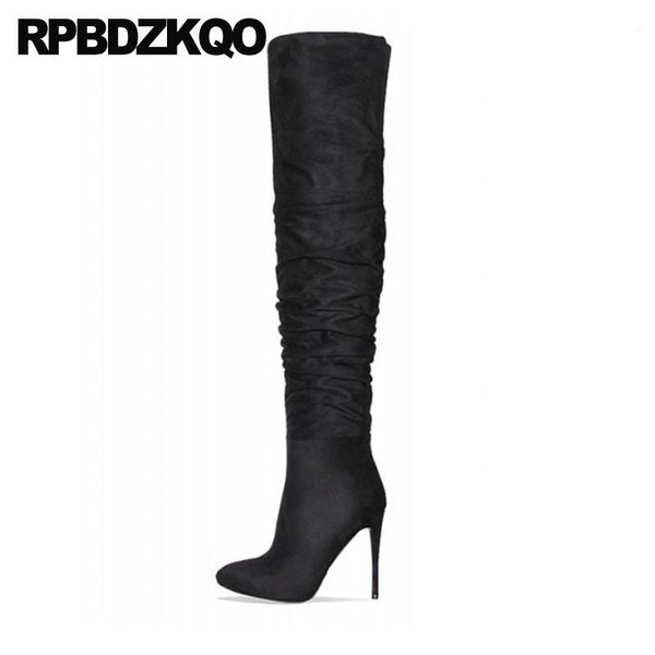 

boots stiletto fashion shoes long pointed toe fetish over the knee thigh high for plus size women extreme black big suede heel
