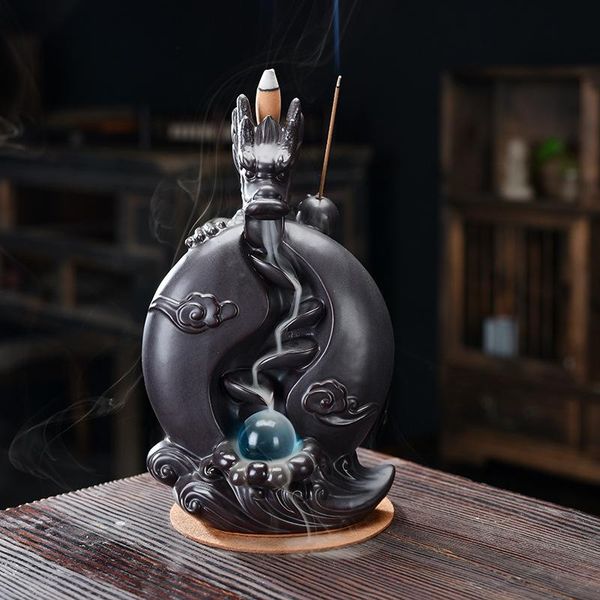 

fragrance lamps ceramic dragon backflow incense burner creative smoke waterfall holder with crystal ball home decorative crafts stove