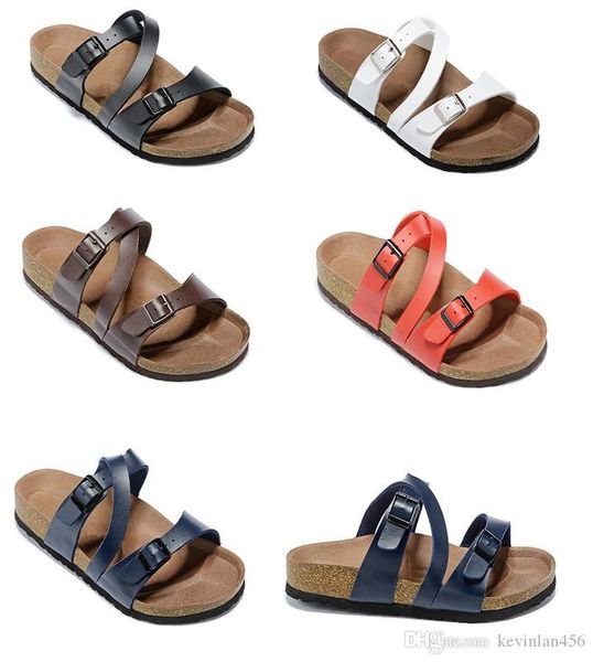 

boken cow leather slippers white red mens flat sandals women shoes two buckle fashion design arizona summer beach with orignal b, Black