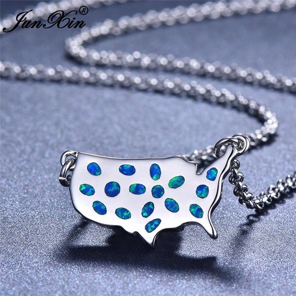 

pendant necklaces boho female american map pendants fashion silver color wedding jewelry white blue fire opal for women