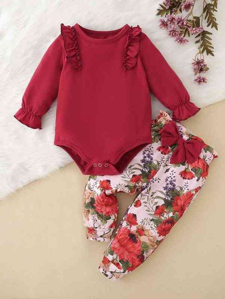 

baby flounce sleeve bodysuit & floral print bow front sweatpants she, White