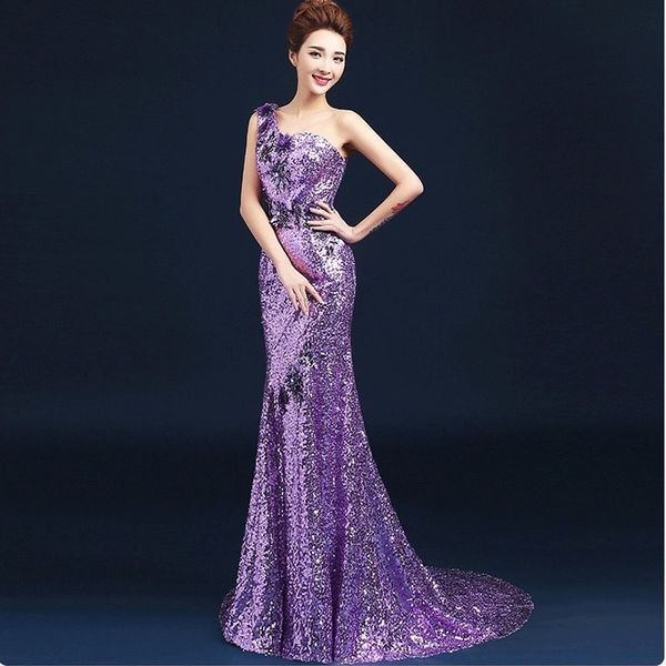

purple one shoulder fishtail evening 2021 slim sequin performance banquet dr, Black