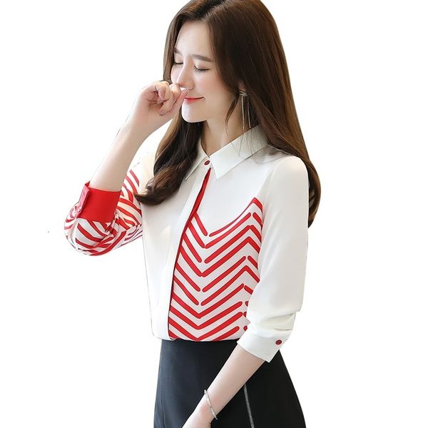 

women's blouses and blouses chiffon blouse long sleeve printed white shirt tkx9, Black