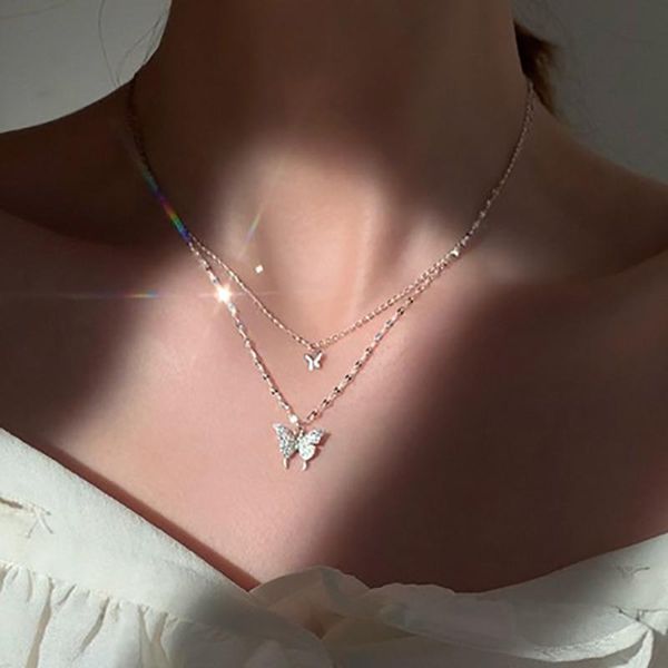 

pendant necklaces minimalist korean style bling crystal butterfly necklace for women girl fashion neck chains jewelry elegant chokers gift, Silver