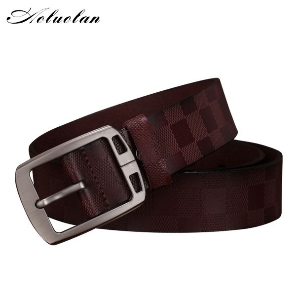 

2021 low price wholesale aoluolan men belt men's belts fashion plaid genuine leather strap classic buckle belts for men, Black;brown