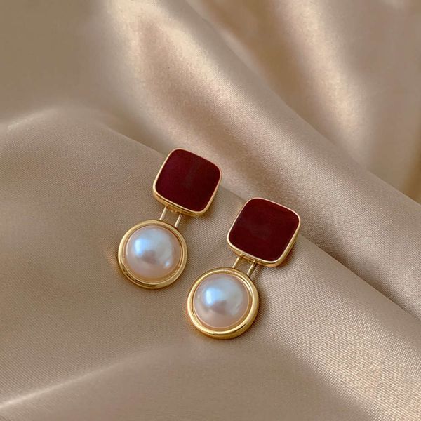 

temperament red pearl earrings advanced sense light luxury simple fashion for women