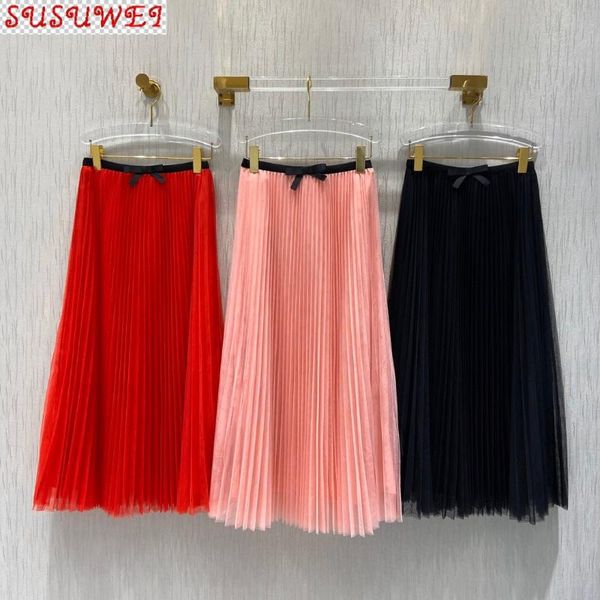 

skirts 2021 spring summer luxury style pleated tulle midi sweet elegant skirt, Black