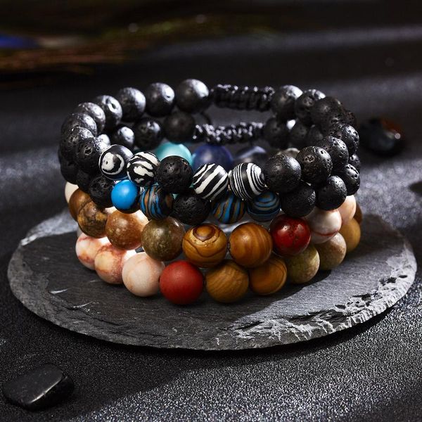 

beaded, strands volcanic stone solar system eight planets elastic rope bracelet all-match fashion braided, Black