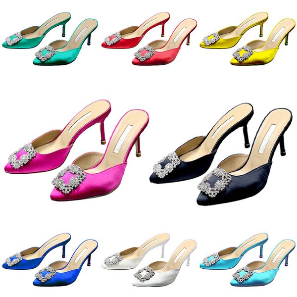 

womens designer slippers rhinestone square buckle sandals shoes 7cm high heels luxury satin crystal metal decorative ma'am, Black