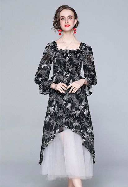 

v-neck belt grass stamping short sleeve party dress mesh summer new women's wear, Black;gray