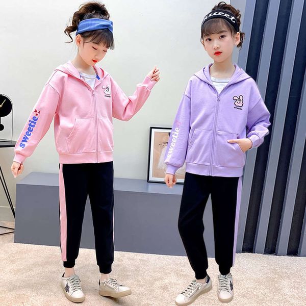 

2021 new spring clothes wear middle girls' school children's sports leisure korean two piece suit fashion, White