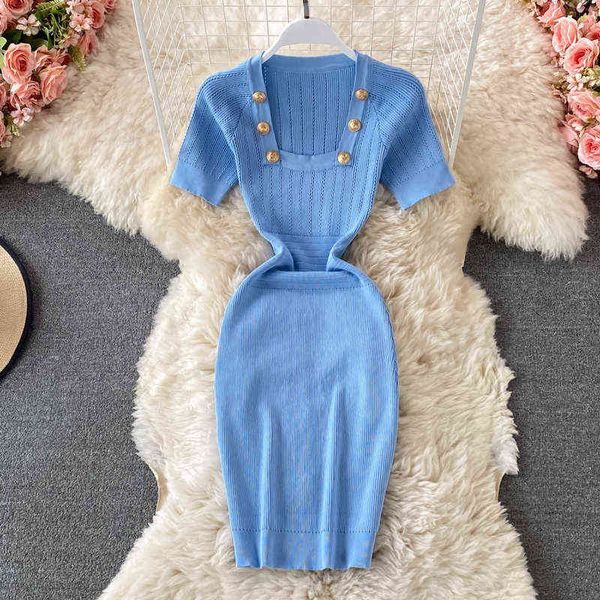 Malha de verão mini fino vestido mulheres moda fino manga curta botões quadrados colarinho alta cintura camisolas vestidos g1214