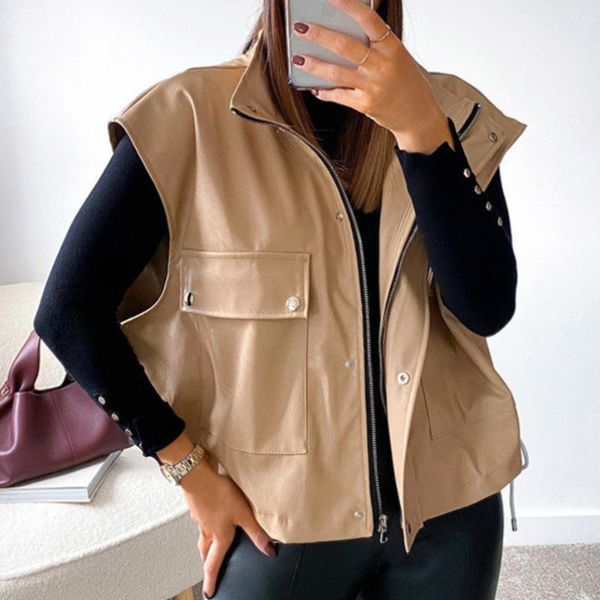 

women's vests pu leather vest jacket women fashion zipper sleeveless autumn black female oversized outerwear loose coat chaleco mujer, Black;white