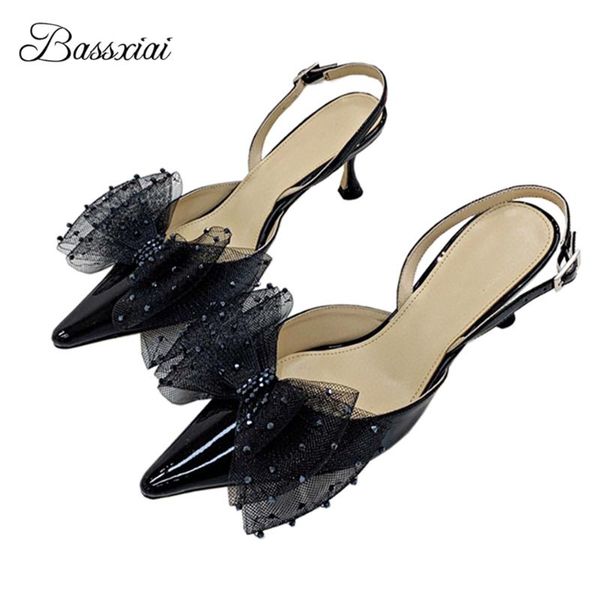 

sandals fairy netted air mesh butterfly-flower women kitten heel point toe diamond rhinestone party shoes summer, Black