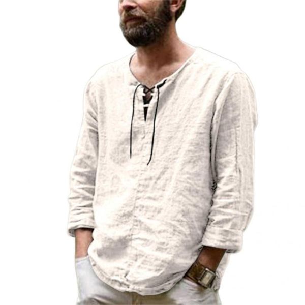 

men's t-shirts summer casual men solid color t-shirt front lace up v neck long sleeves thin tshirt pullover male fashion streetwear clo, White;black