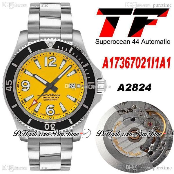 TF SuperOcean 44 ETA A2824 Automatische Herrenuhr A17367021I1A1 BLACK BEZEL GELBE DIAL STICK NUMMER MARKERN Edelstahl Armband Super Edition Uhren PureTime