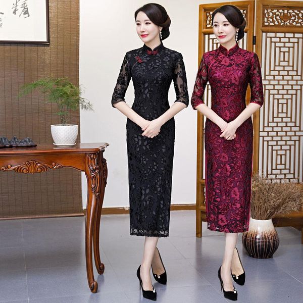 

ethnic clothing autumn winter velvet lady slim qipao flower elegant high split cheongsam novelty chinese dress big size -4xl, Red