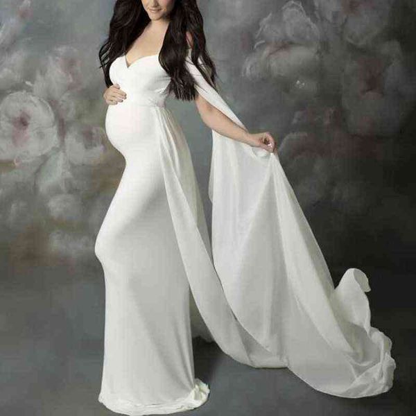

long maternity dress with cloak shoulderless maxi pregnancy dresses for p shoot elegant pregnant women pgraphy prop aa220309, White
