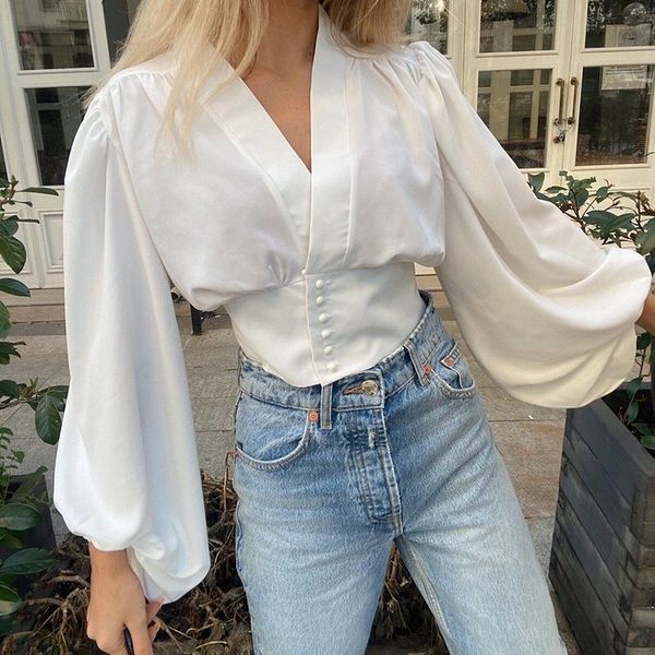 

women's blouses & shirts zxqj vintage women oversize satin 2021 summer fashion ladies v neck chic loose female stylish shirt girls cas, White