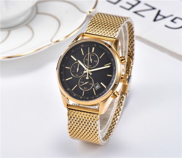 

1-mens watch quartz chronograph stainless steel strap sports business military casual fashion mens watch birthday gift, Slivery;brown