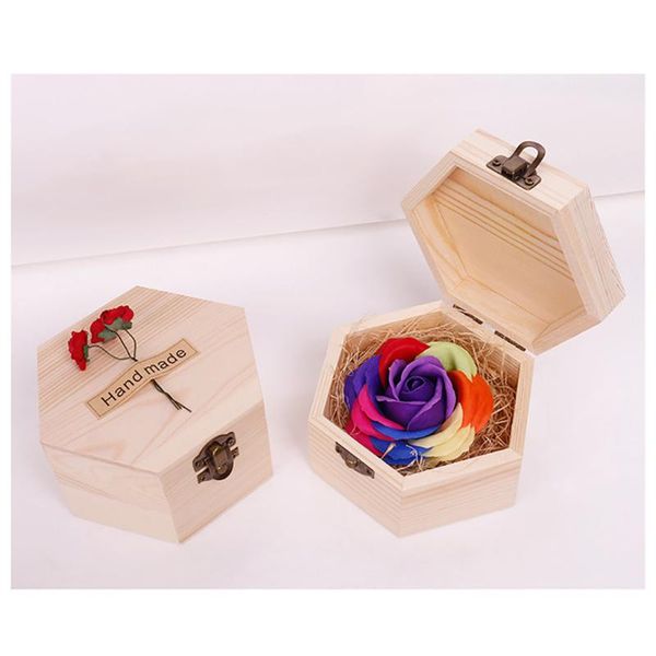 

hexagon wooden box soap flower simulation colorful rose small wooden box valentine's day mothers day gift artificial flower