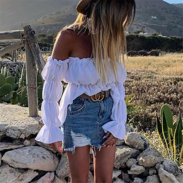 

office off shoulder long women shirt puff sleeve short loose casual blouse ladies ruffle pleated top, White