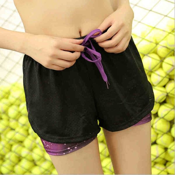 

sports women's autumn yoga stretch thin fast dry running shorts anti light lining double layer breathable fitness pants, Black