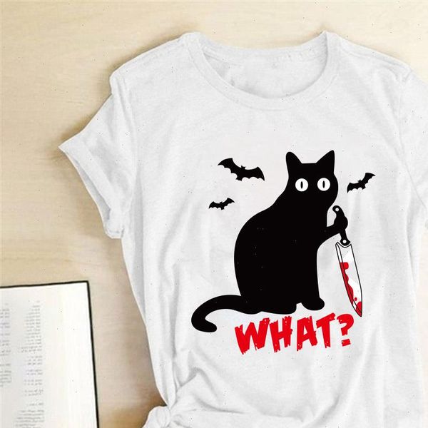 

2021 black cat what tshirt women cat knife funny t shirt short sleeve halloween fashion tees femme camisetas verano mujer, White