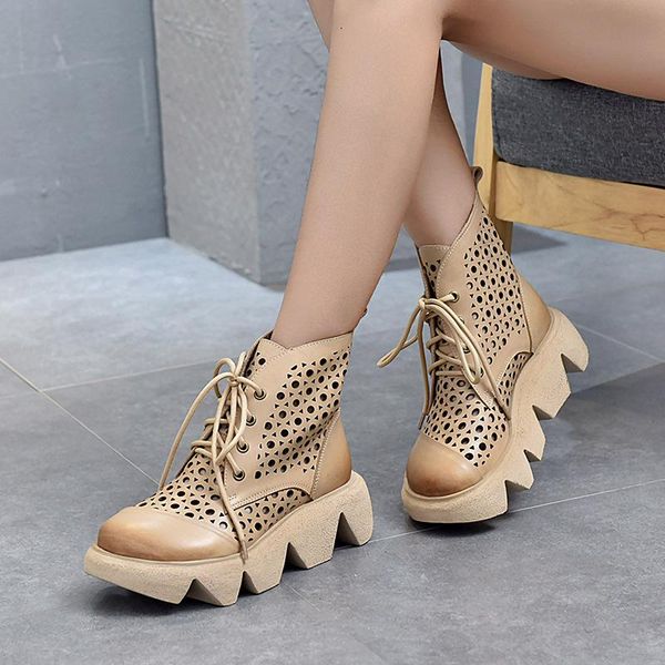 

sandals 2021 spring summer hole shoes leather lace-up casual hollow first layer cowhide platform roman woman, Black