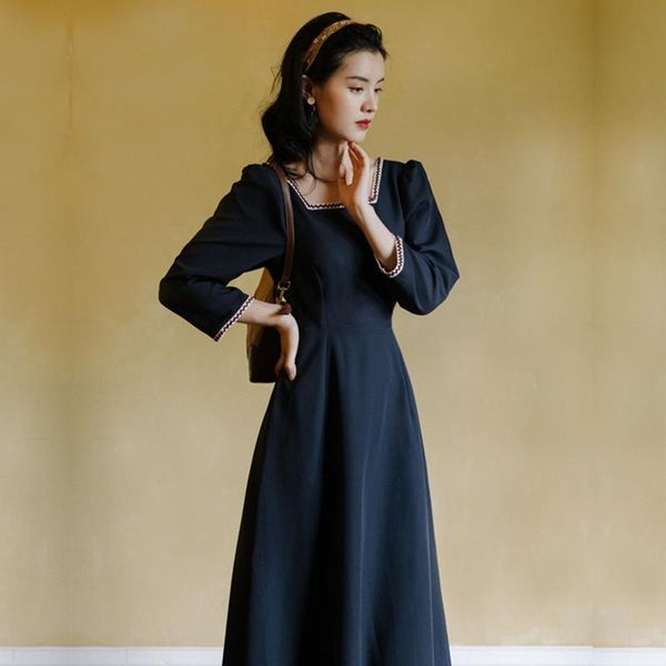 

casual dresses vintage mori girl cottage style lace stitching square collar puff sleeve solid brief dress for women hippieboho date party, Black;gray