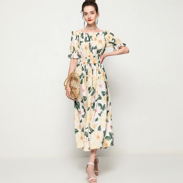 

women's runway dresses slash neckline short sleeves elastic waist ruffles printed fashion autumn dress, Black