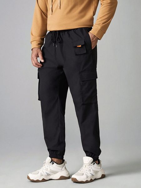 

extended sizes men flap pocket drawstring waist pants o0yn#, Black