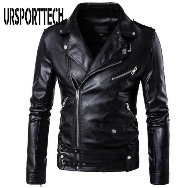 

ursporttech plus size m-5xl motorcycle bomber leather jacket men autumn turn-down collar slim fit male leather jacket coats 210528, Black