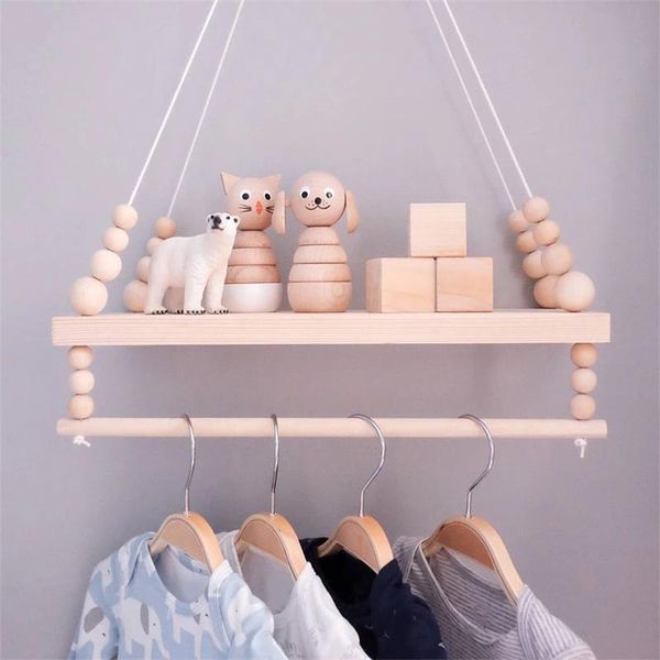 

other home decor nordic wooden wall shelf with clothes rack children room craft storage double layer rope hanging kid bedroom