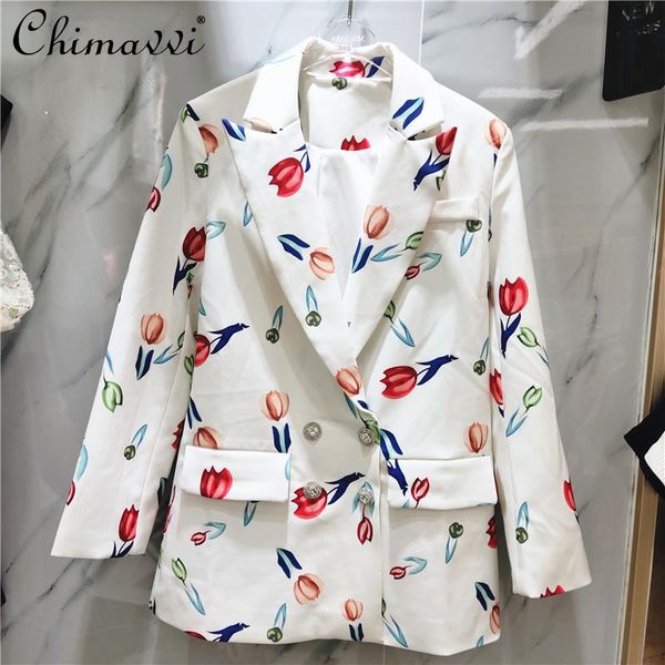 

women's suits & blazers 2021 long sleeve white printed for women fashionable lady versatile loose suit coat collar casual, White;black
