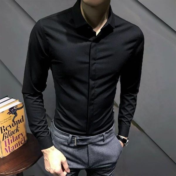 

men's casual shirts men spring long sleeve formal business male slim fit turn-down collar solid color blouses o237, White;black