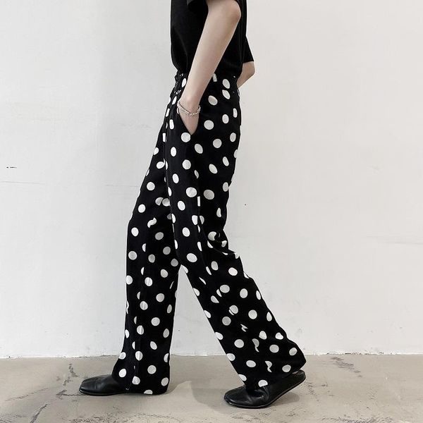 

chiffon polka dot men casual thin pants male vintage fashion streetwear straight long trousers pant joggers, Black