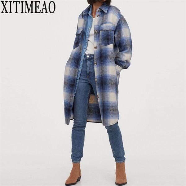 

za women grid print overcoat long sleeve loose big size woolen coats windproof warm outwear thickening jacket 210930, Black