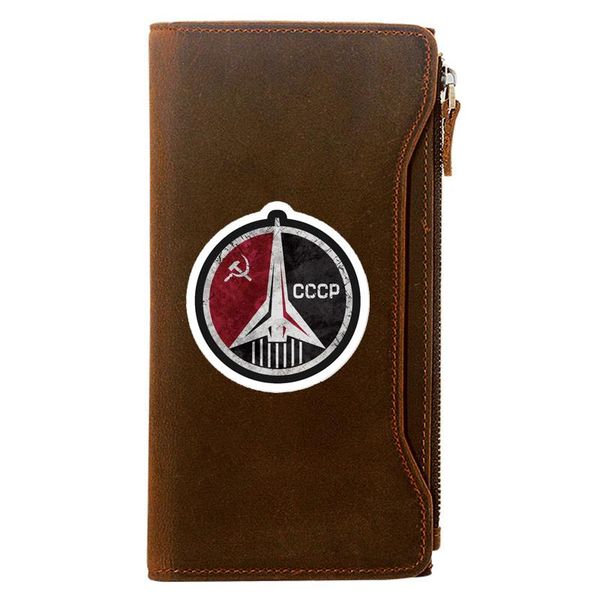 

cccp soviet space force printing genuine leather wallet men long purse with phone bag zipper card holder clutch, Red;black