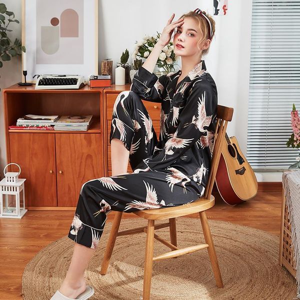 

women pyjamas 2 piece sets sleepwear silk satin pajamas long sleeve turndown collar suit home new style nightwear, Black;red