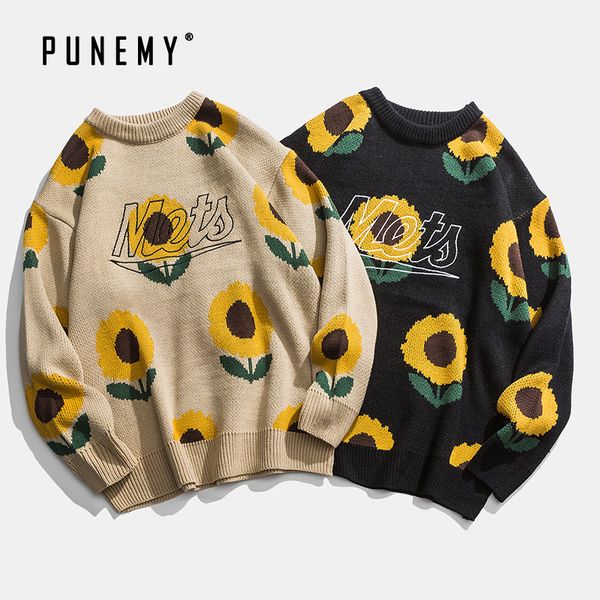 

2021 retro men suower pattern o-neck acrylic oversize hip hop streetwear harajuku pullover autumn new man's sweaters 9nrw, White;black