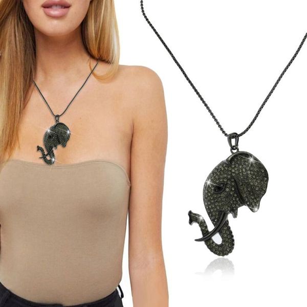 

pendant necklaces african big 3" elephant necklace for women keychain head hindu ganesha animal crystal black chunky aesthetic jewelry, Silver
