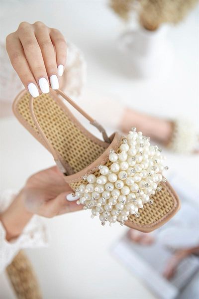 

sandals women's beige aden mesh pearl detail flat bottom, Black