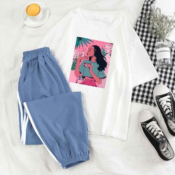 

outfit two piece set womens pants and crop t shirt graphic fashion girl tracksuit bottoms for fitness, White