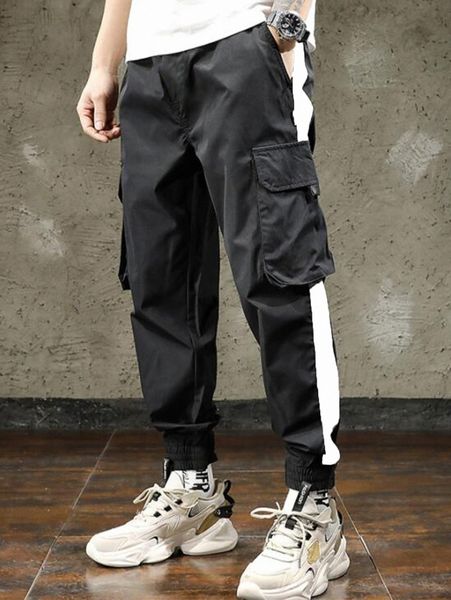 

men flap pocket contrast side seam pants 219j#, Black