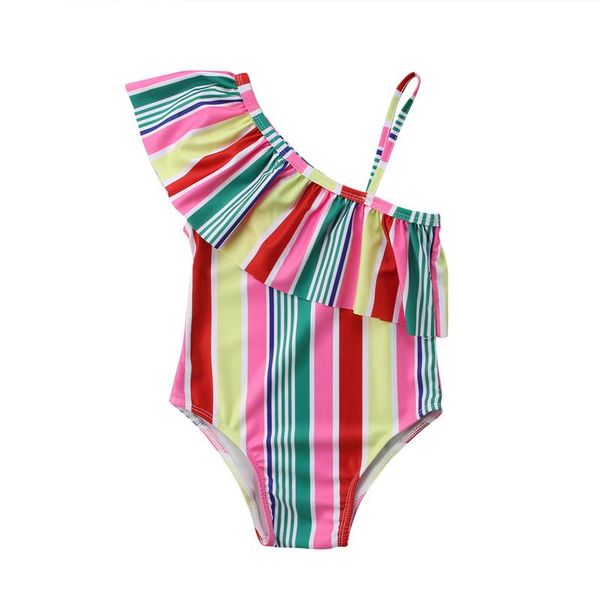 

one-piece suits cute striped 2021 child bikini swimsuit swimwear summer kids girls one piece shoulder ruffles children 2-7t bather tankinis