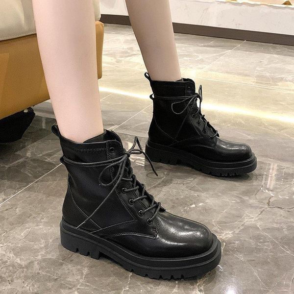 

boots 2021 autumn winter women's english lace up knight thick heel, Black