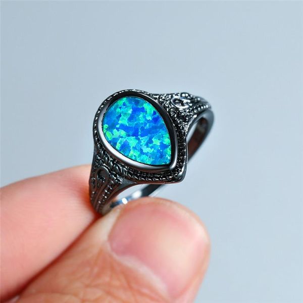 

wedding rings fashion water drop engagement ring female blue opal stone vintage black gold for women luxury bridal jewelry, Slivery;golden