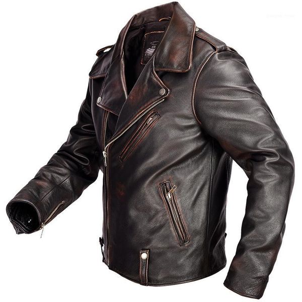 

vintage brown men american biker's leather jacket plus size 4xl genuine cowhide spring slim fit natural coat men's & faux, Black