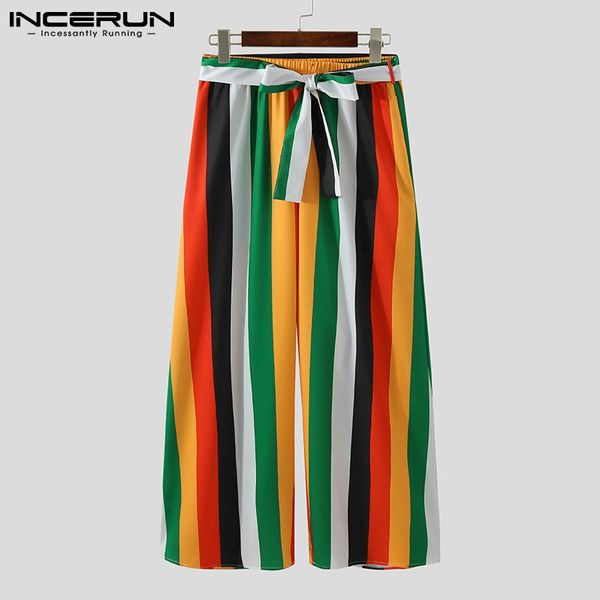 

men's pants 2021 men striped lace up vacation loose joggers retro wide leg trousers streetwear casual pantalones hombre s-5xl incerun, Black